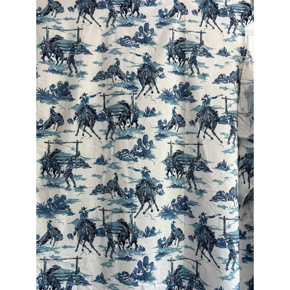 VTG Rodeo Toile Western Cacti Cowboy Roping Cotton Fabric 44” x 42” Remnant Blue